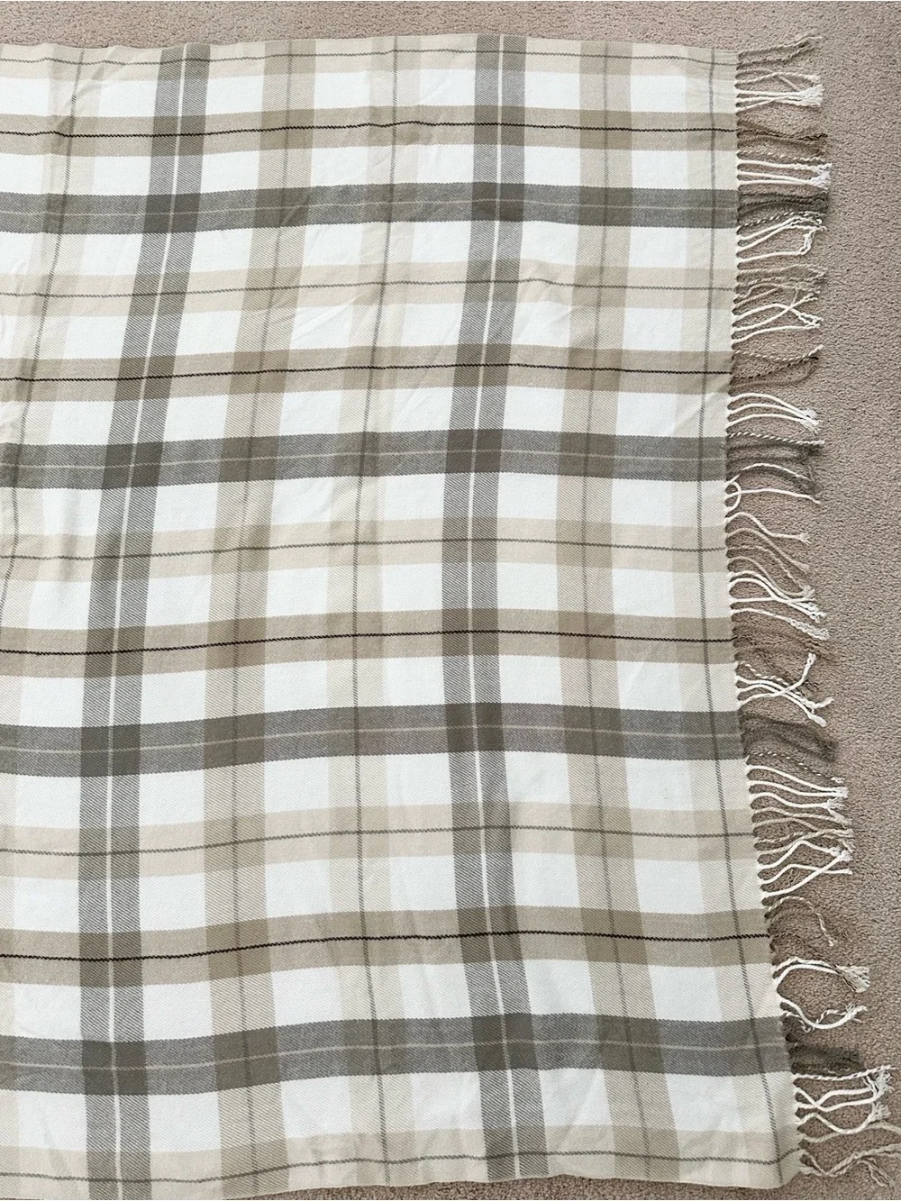 Fall Plaid Fringe Throw Blanket - Beige, Cream & Tan - Fall Harvest Decor